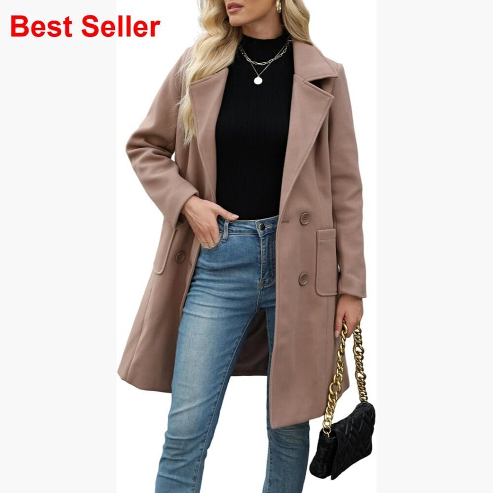 Wool Blend Double-Breasted Pea Coat Notch Lapel Winter Coat